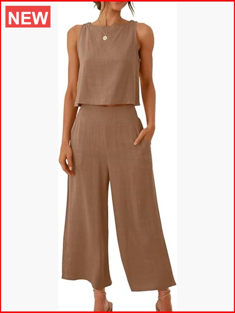 Linen Blend 2 Piece Outfit Sleeveless Crop Top Wide Leg Capri Pants Set Summer